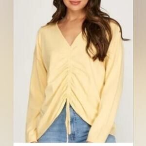 She + Sky Yellow Ruched V-Neck Long Sleeve Sweater